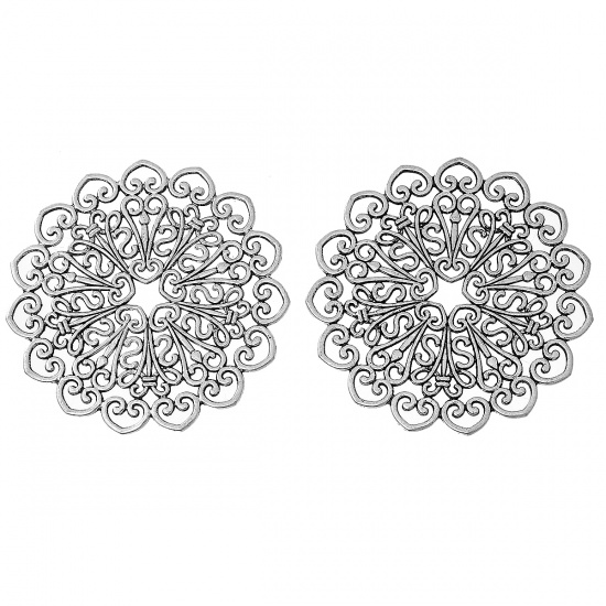 Picture of Filigree Stamping Embellishments Findings Round Antique Silver Color Hollow Pattern 53mm(2 1/8") x 53mm(2 1/8"), 10 PCs