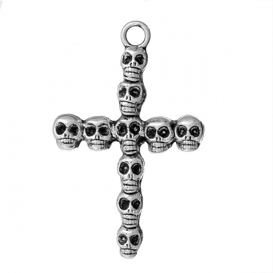 Picture of Zinc Based Alloy Easter Pendants Cross Antique Silver Color Halloween Skull Carved 41mm(1 5/8") x 26mm(1"), 50 PCs