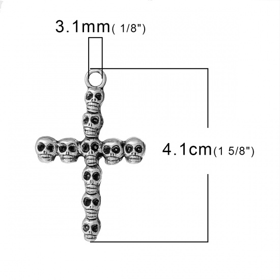 Picture of Zinc Based Alloy Easter Pendants Cross Antique Silver Color Halloween Skull Carved 41mm(1 5/8") x 26mm(1"), 50 PCs