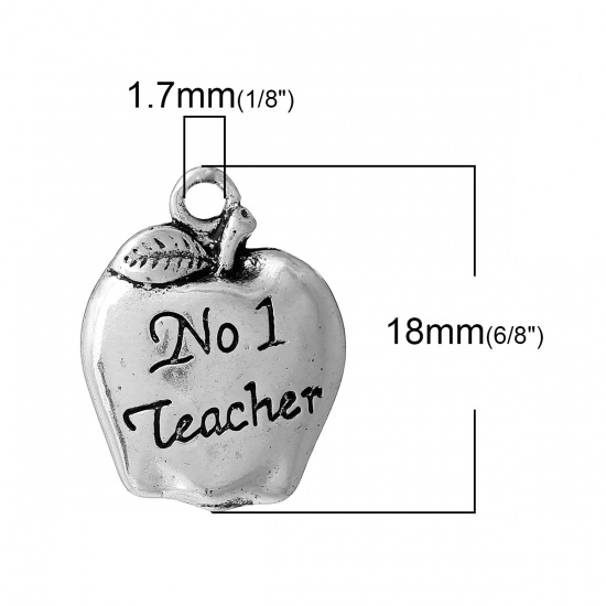 Image de Breloque en Alliage de Zinc Fruit Pomme Argent Vieilli Gravé Mots " NO.1 Teacher " 18mm x 14mm, 50 Pcs