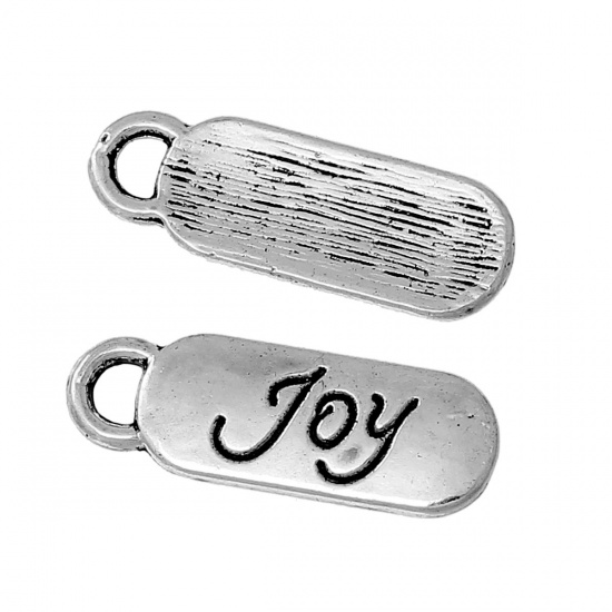 Picture of Zinc Metal Alloy Charms Rectangle Antique Silver Color Message " JOY " Carved 20mm( 6/8") x 7mm( 2/8"), 100 PCs