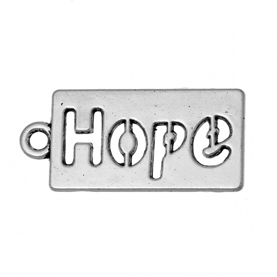 Immagine di Lega di Zinco Charm Ciondoli Rettangolo Argento Antico Lettere Scolpito " hope " Filigrana 23mm x 11mm , 100 Pz