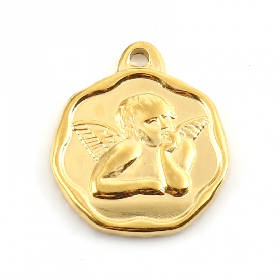 Image de Breloques en Acier Inoxydable Religieux Rond Doré Anges 21mm x 18mm , 1 Pièce