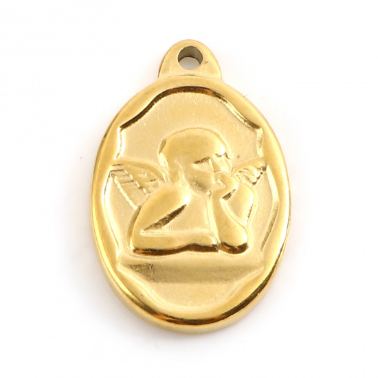 Image de Breloques en Acier Inoxydable Religieux Ovale Doré Anges 22mm x 14mm , 1 Pièce
