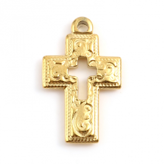 Picture of Stainless Steel Religious Charms Cross Gold Plated Carved Pattern 24mm x 15mm, 1 Piece