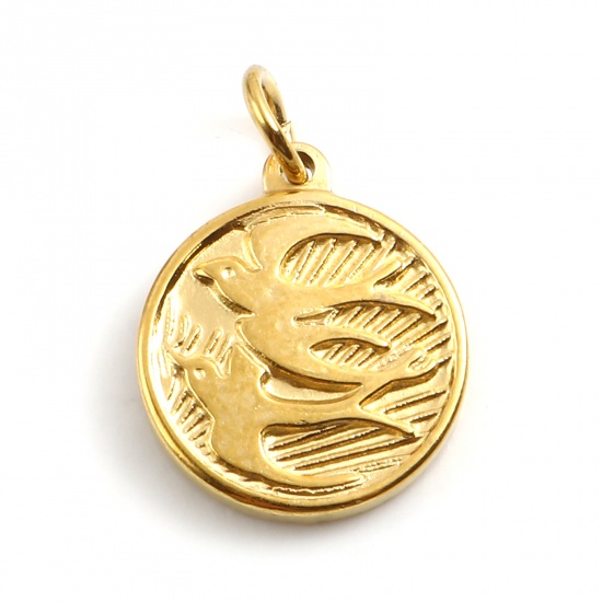 Picture of Stainless Steel Charms Round Gold Plated Swallow 22mm x 15mm, 1 Piece