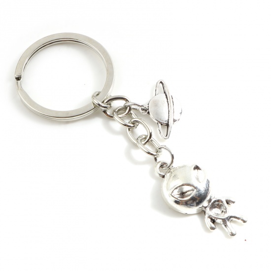 Picture of Galaxy Keychain & Keyring Silver Tone & Antique Silver Color Alien Universe Planet 9.2cm, 1 Piece