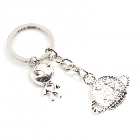 Picture of Galaxy Keychain & Keyring Silver Tone & Antique Silver Color Alien Universe Planet 8.7cm, 1 Piece