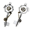 Picture of Zinc Based Alloy Steampunk Charms Key Antique Silver Gear Carved Clear Rhinestone Hollow 68mm(2 5/8") x 28mm(1 1/8"), 3 PCs