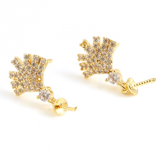 Picture of Brass Micro Pave Ear Post Stud Earrings 18K Real Gold Plated Fan-shaped Clear Rhinestone 20mm x 10mm, Post/ Wire Size: (21 gauge), 2 PCs                                                                                                                      