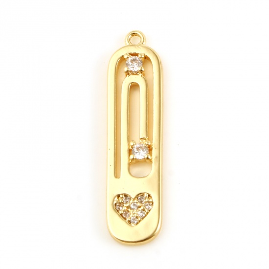 Picture of Brass Valentine's Day Charms Paper Clip 18K Real Gold Plated Heart Clear Rhinestone 27mm x 7mm, 1 Piece                                                                                                                                                       