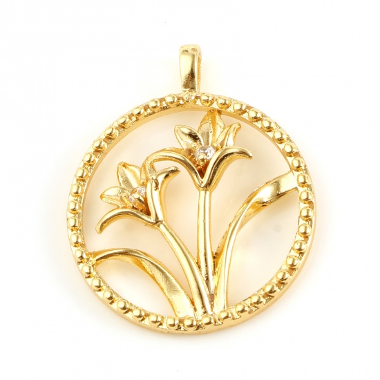 Picture of Brass Charms Round 18K Real Gold Plated Flower Clear Rhinestone 23mm x 19mm, 1 Piece                                                                                                                                                                          