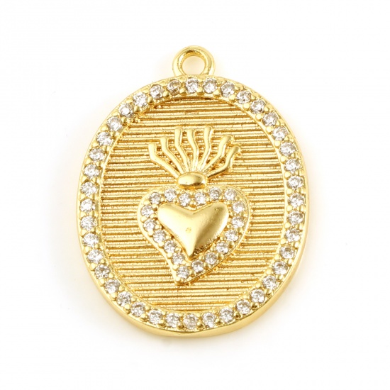 Picture of Brass Valentine's Day Charms Oval 18K Real Gold Plated Heart Micro Pave Clear Rhinestone 23mm x 18mm, 1 Piece                                                                                                                                                 