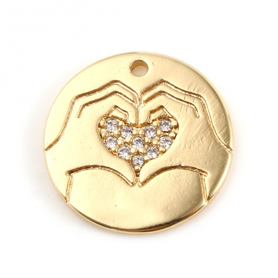 Picture of Copper Valentine's Day Charms Round 18K Real Gold Plated Heart Micro Pave Clear Rhinestone 14mm Dia., 1 Piece