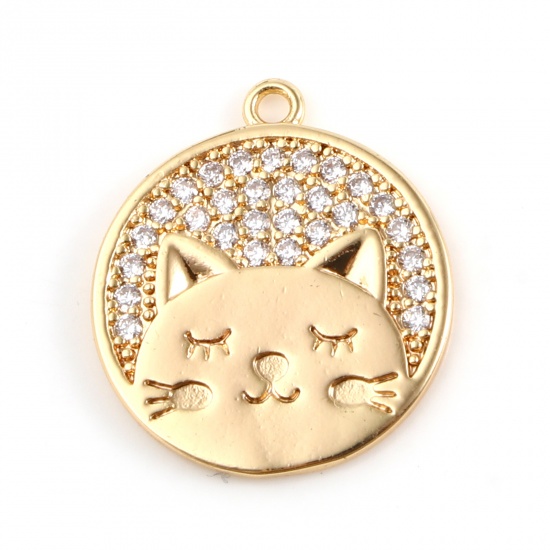 Picture of Brass Micro Pave Charms Round 18K Real Gold Plated Cat Clear Rhinestone 18mm x 16mm, 1 Piece