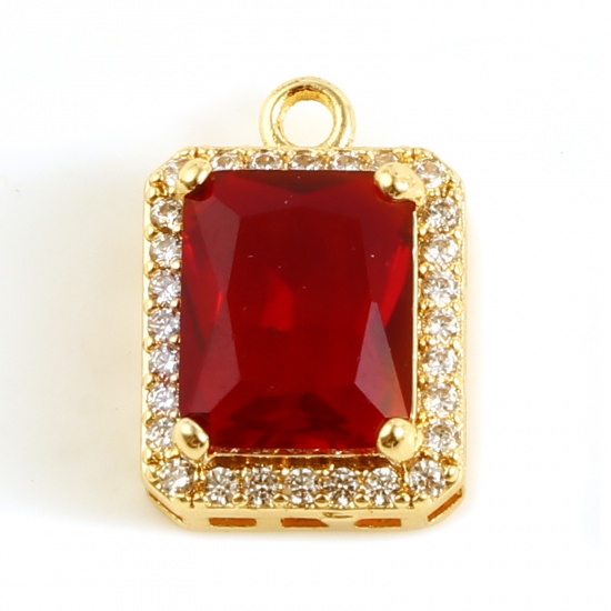 Picture of Brass Micro Pave Charms Rectangle 18K Real Gold Plated Deep Red Cubic Zirconia Clear Rhinestone 16mm x 11mm, 1 Piece                                                                                                                                          