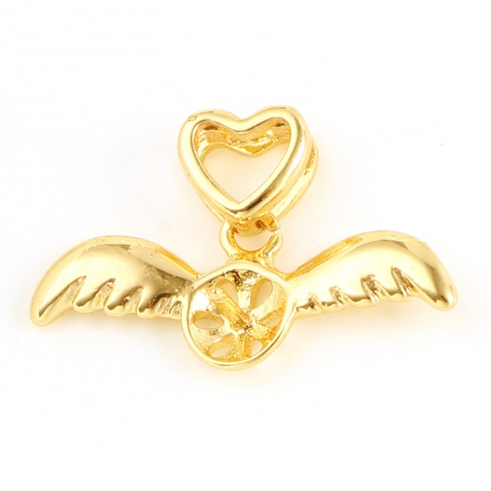 Picture of Brass Valentine's Day Pearl Pendant Connector Bail Pin Cap 18K Real Gold Plated Wing Heart Needle Thickness: 7mm, 19mm x 11mm, 1 Piece                                                                                                                        