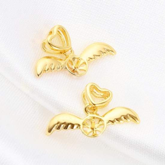 Picture of Brass Valentine's Day Pearl Pendant Connector Bail Pin Cap 18K Real Gold Plated Wing Heart Needle Thickness: 7mm, 19mm x 11mm, 1 Piece                                                                                                                        