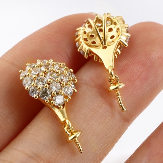 Picture of Brass Micro Pave Pearl Pendant Connector Bail Pin Cap 18K Real Gold Plated Drop Needle Thickness: 7mm, Clear Rhinestone 23mm x 11mm, 1 Piece                                                                                                                  