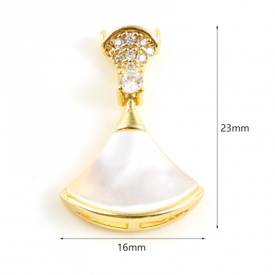 Immagine di Conchiglia + Ottone Micro Intarsio Connettore Accessori 18K Vero Oro Placcato A Forma di Ventagli Bianco Trasparente Strass 23mm x 16mm, 1 Pz