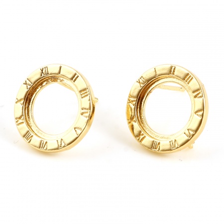 Brass Ear Post Stud Earrings 18K Real Gold Plated Round Roman Numerals W/ Loop 15mm Dia., Post/ Wire Size: (21 gauge), 2 PCs