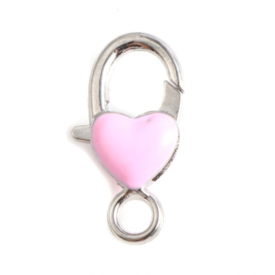 Picture of Zinc Based Alloy Lobster Clasp Findings Heart Silver Tone Pink Enamel 27mm x 14mm, 10 PCs