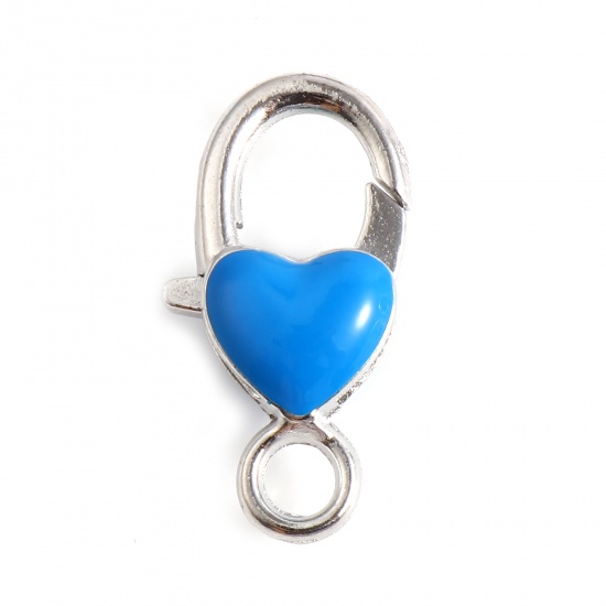 Picture of Zinc Based Alloy Lobster Clasp Findings Heart Silver Tone Blue Enamel 27mm x 14mm, 10 PCs