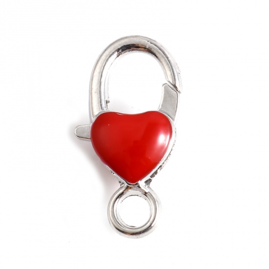 Picture of Zinc Based Alloy Lobster Clasp Findings Heart Silver Tone Red Enamel 27mm x 14mm, 10 PCs