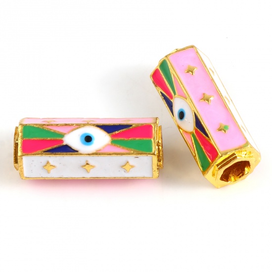 Picture of Zinc Based Alloy Religious Large Hole Charm Beads Gold Plated Multicolor Hexagonal Prism Evil Eye Enamel 22mm x 10mm, Hole: Approx 4.2mm, 1 Piece