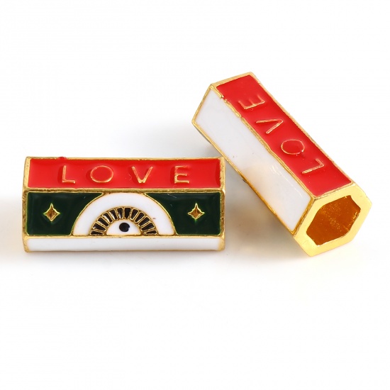 Immagine di Lega di Zinco Religione Perline Oro Placcato Rosso & Verde Prisma Esagonale Malocchio Lettere " LOVE " Smalto 20mm x 10mm, Foro:Circa 5.5mm, 1 Pz