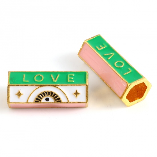 Immagine di Lega di Zinco Religione Perline Oro Placcato Rosa & Verde Prisma Esagonale Malocchio Lettere " LOVE " Smalto 20mm x 10mm, Foro:Circa 5.5mm, 1 Pz