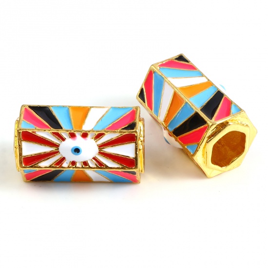 Picture of Zinc Based Alloy Religious Large Hole Charm Beads Gold Plated Multicolor Hexagonal Prism Evil Eye Enamel 21mm x 13mm, Hole: Approx 6.7mm, 1 Piece