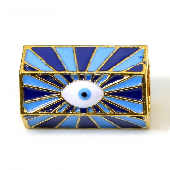 Picture of Zinc Based Alloy Religious Large Hole Charm Beads Gold Plated Blue & Dark Blue Hexagonal Prism Evil Eye Enamel 21mm x 13mm, Hole: Approx 6.7mm, 1 Piece