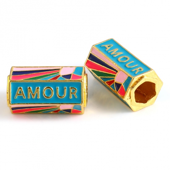 Picture of Zinc Based Alloy Religious Large Hole Charm Beads Gold Plated Multicolor Hexagonal Prism Geometric Message " Amour " Enamel 22mm x 13mm, Hole: Approx 6.7mm, 1 Piece