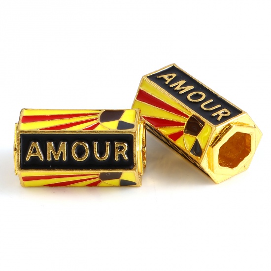 Picture of Zinc Based Alloy Religious Large Hole Charm Beads Gold Plated Black & Yellow Hexagonal Prism Geometric Message " Amour " Enamel 22mm x 13mm, Hole: Approx 6.7mm, 1 Piece