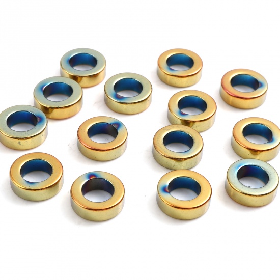 Picture of Hematite Beads Circle Ring Blue & Golden About 12mm Dia, Hole: Approx 7.1mm, 2 PCs