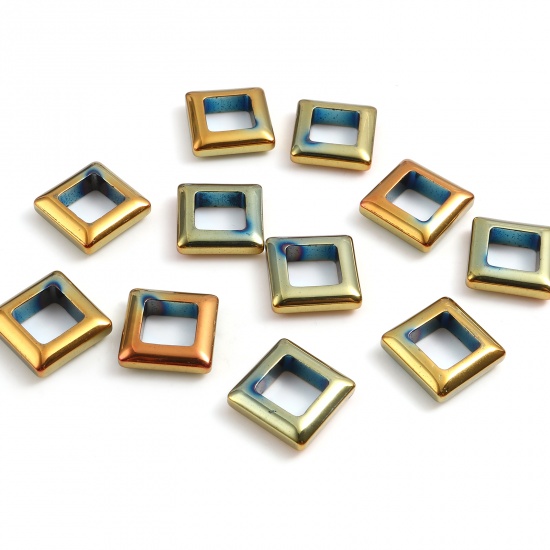 Immagine di Ematite Perline Quadrato Blu & Oro Come 14mm x 14mm, Foro:circa 8mm, 2 Pz