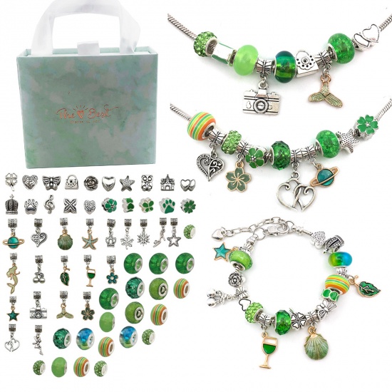Picture of DIY Charm Bracelet Jewelry Making Kit For Teen Girls Handmade Craft Materials Accessories Green 14cm x 12cm, 1 Set