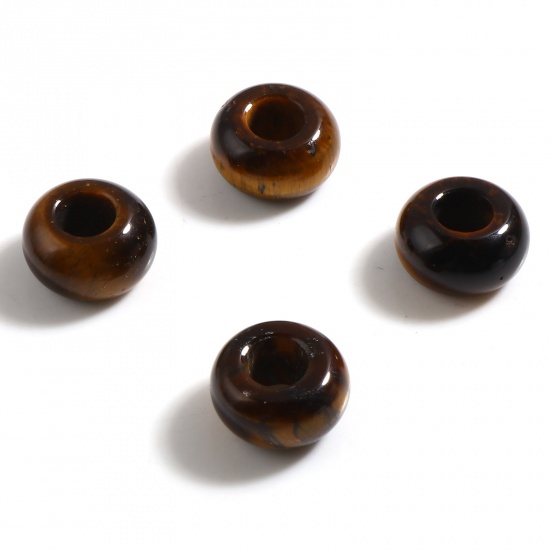 Image de (Classement A) Perles à Gros Trou en Pierre Oeil de Tigre ( Naturel) Rond Brun Env. 14mm Dia, Trou: env. 5.6mm, 2 Pcs