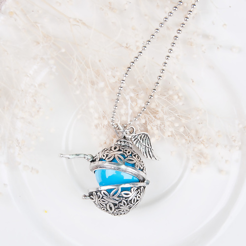 Picture of New Fashion Necklace Ball Chain Antique Silver Mexican Angel Caller Bola Wish Box Pendant Wing Butterfly Hollow With Copper Blue Harmony Chime Ball 53.7cm(21 1/8") long, 1 Piece