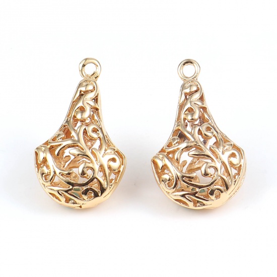 Picture of Brass Charms Fan-shaped 18K Real Gold Plated Filigree 23mm x 14mm, 2 PCs                                                                                                                                                                                      