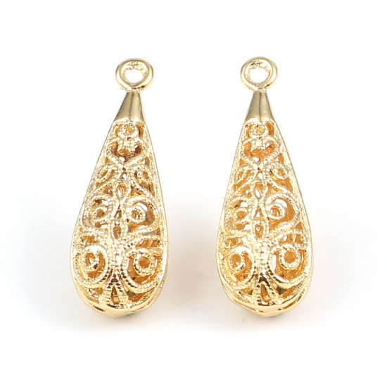 Picture of Brass Charms Drop 18K Real Gold Plated Filigree 24mm x 9mm, 2 PCs                                                                                                                                                                                             