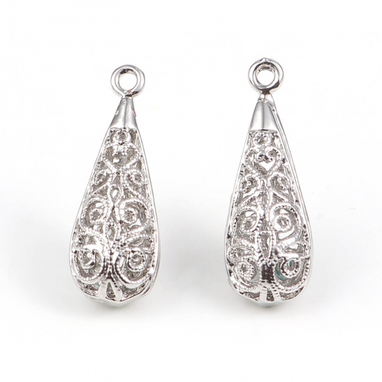 Picture of Brass Charms Drop 18K Real Platinum Plated Filigree 24mm x 9mm, 2 PCs                                                                                                                                                                                         