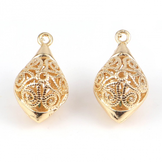 Imagen de Latón Colgantes Charms Oliva 18K Oro Real Chapado Filigrana 23mm x 13mm, 2 Unidades