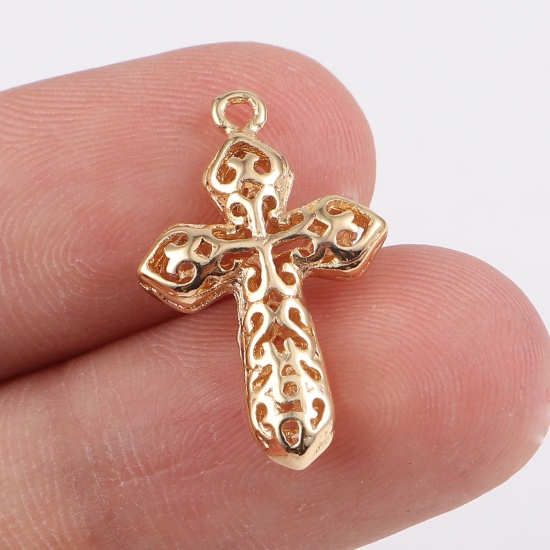 Picture of Brass Religious Charms Cross 18K Real Gold Plated Filigree 23mm x 14mm, 2 PCs                                                                                                                                                                                 