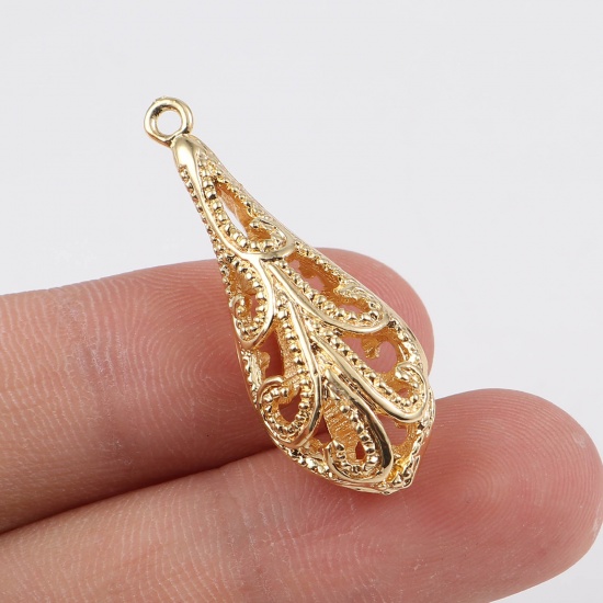 Picture of Copper Pendants Drop 18K Real Gold Plated Filigree 34mm x 13mm, 2 PCs