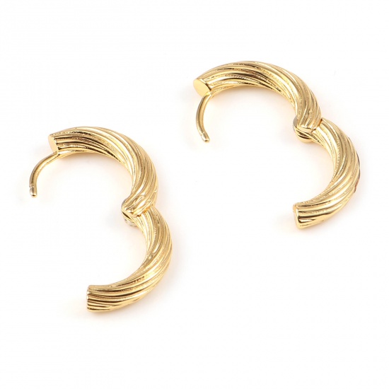 Imagen de Latón Pendientes Círculos 18K Oro Real Chapado Anillo Raya 18mm Diámetro, Post/ Wire Size: (20 gauge), 2 Unidades