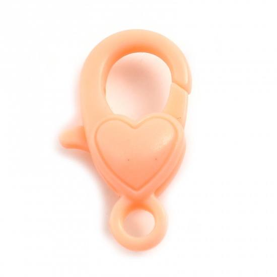 Picture of Plastic Lobster Clasp Findings Heart Orange Pink 22mm x 13mm, 30 PCs