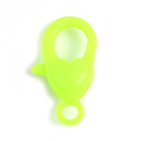 Picture of Plastic Lobster Clasp Findings Heart Neon Yellow 22mm x 13mm, 30 PCs