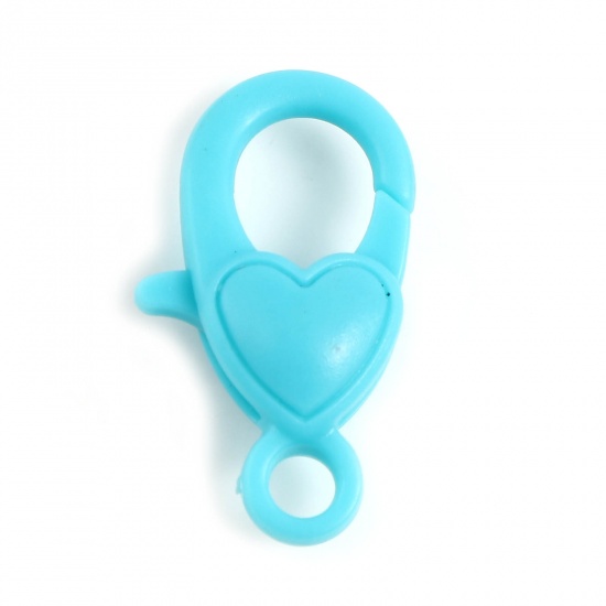 Picture of Plastic Lobster Clasp Findings Heart Cyan 22mm x 13mm, 30 PCs